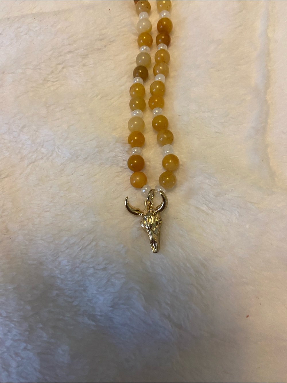 BeadedNecklace with Gold Bull Skull Pendant